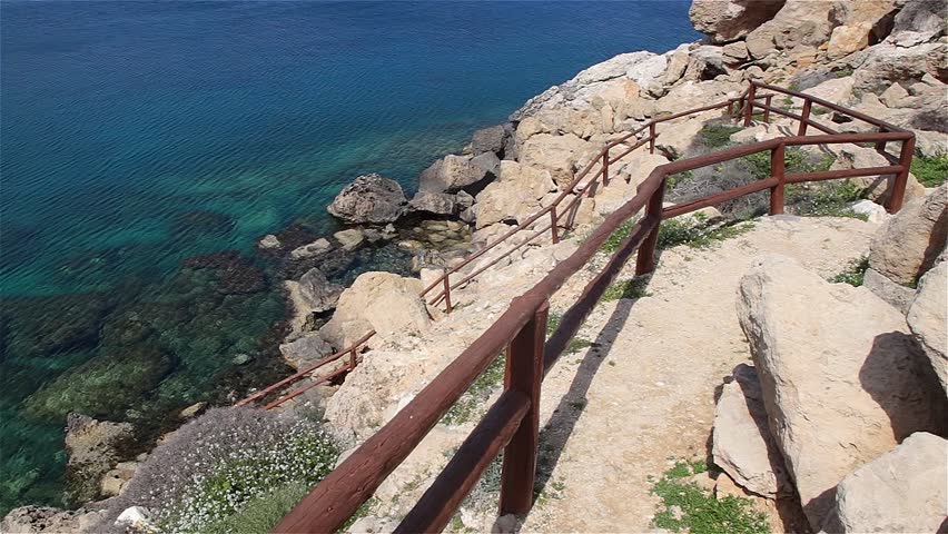 Cavo Greco, Cyprus March 2015.The steps down to the sea and climb over the rocks and into the caves. 