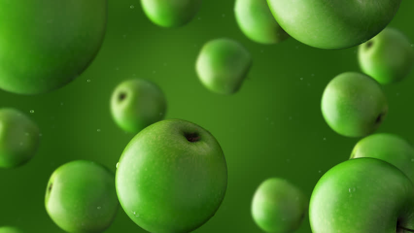 Super slow motion: falling green apples and water drops against green background. High quality 4K seamless loopable CG animation. ProRes 444 Royalty-Free Stock Footage #17833906