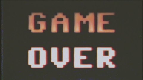 A game over screen, in 4k but treated as it's from an old VHS cassette tape. 8 bit retro style.
