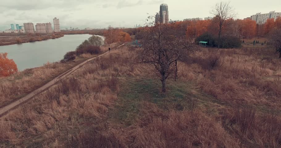 Aerial shot of a young woman walking in a park under golden trees during  autumn season. Teenage girl walking along the footpath near river bank. Moscow suburbs, Strogino district, Russia.   