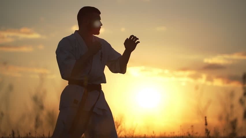 Silhouette of man training karate at sunset. Slow motion.