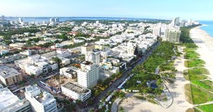 Beautiful aerial shot of South Beach Miami, Florida. Bird eye view of the beautiful natural landscape, beach and ocean.