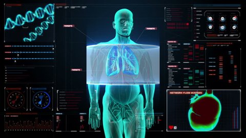 Scanning body. Rotating Human lungs, Pulmonary Diagnostics in digital display dashboard. Blue X-ray light.