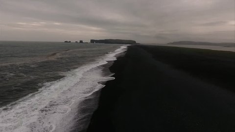 Stationary Shot Viewing Seashore At Black Sand Beach in Vik Iceland