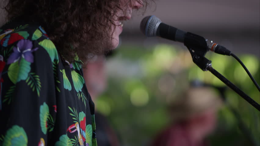 View of man singing and playing guitar on stage durning show