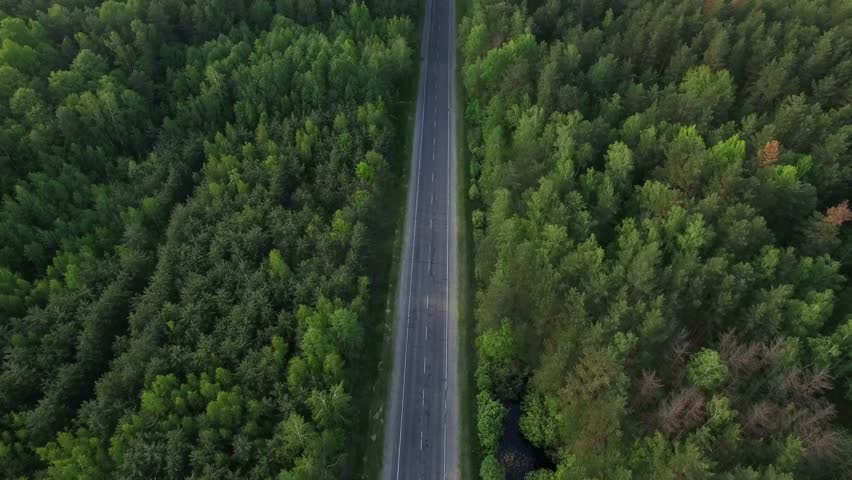 Aerial view flying over old patched two lane forest road with cars van moving green trees of dense woods growing both sides - shot with drone quad copter birds eye view perspective from above  Royalty-Free Stock Footage #17867818