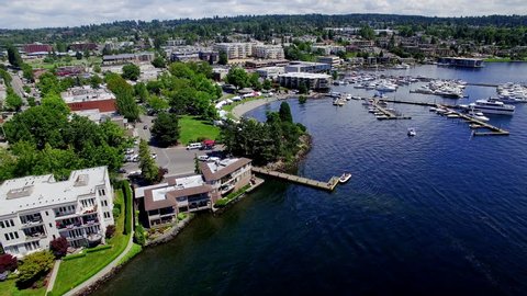 Kirkland, Washington Boat Docks, Marina and Waterfront Aerial Above Lake Shore