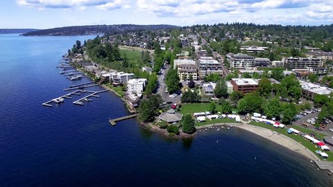 Kirkland, Washington USA Aerial Panorama of the Downtown Waterfront Boat Marina and Park