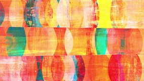 Retro mid-century-style abstract pop art background loop. Moving colorful shapes with grunge effects. Layered collage mixing textures from painting and photography.