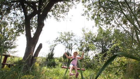 Little girl is having big fun on the swing in the park/garden