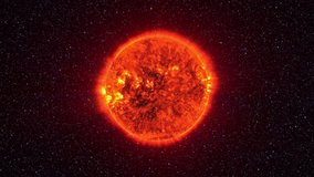 Loopable: Sun surface with solar flares. The Sun spinning in space against 3D star background. Elements of this clip furnished by NASA. (av28643c)