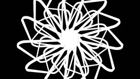 Triangular black and white hooks rotate in and out of a flower shape. Seamlessly looping motion background for music videos, broadcast, tv, film, live visuals, VJ loops,  shows, or art.