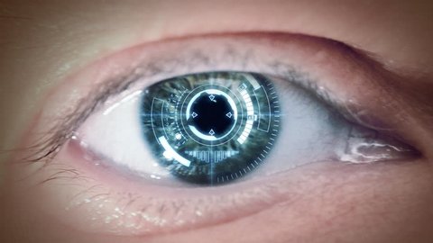 Close up to eyeball with futuristic targeting system. Loop.