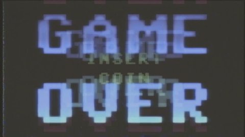 A videogame ending screen, saying Game over - Try again - Insert coin. 8-bit retro style. Treated as it's from an old VHS cassette tape.
