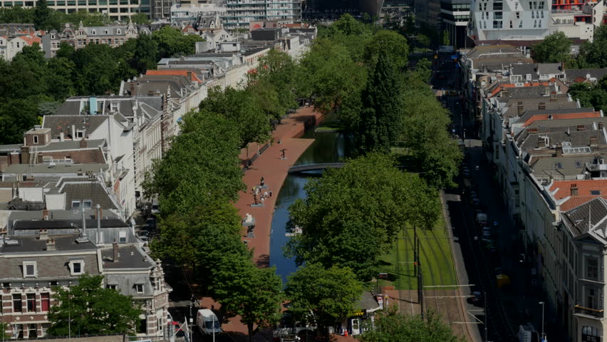 The tree-lined Westersingel in the centre of Rotterdam on a sunny day. Top shot from high building.