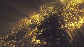 Background gold with rays in space.Waves with gold rays and particles. Abstract motion background. VJ Seamless loop.