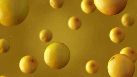 Falling oranges and water drops against yellow background, super slow motion. High quality 4K seamless loopable CG animation in ProRes
