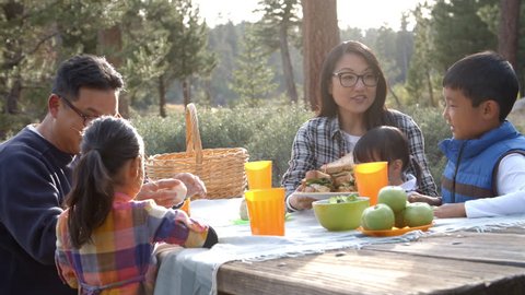 Asian family sharing picnic food at an outdoor table