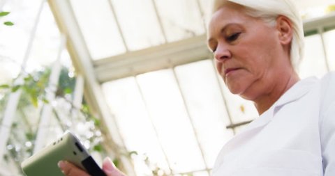 Female scientist using digital tablet in green house
