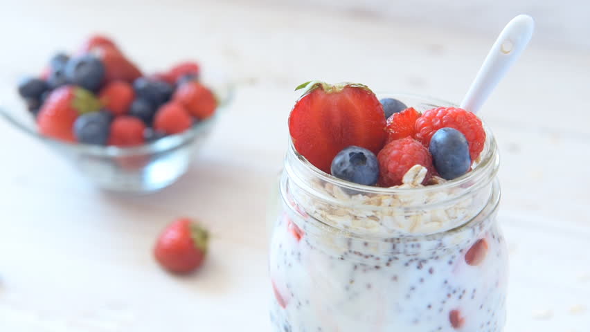 chia seeds pudding berries jar on Stock Footage Video (100% Royalty ...