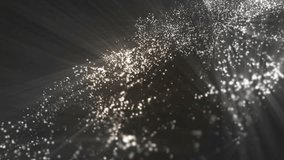 Background grey with rays in space.Waves with silver rays and particles. Abstract motion background. VJ Seamless loop.