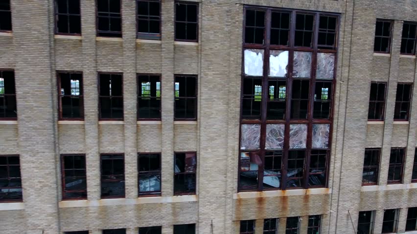 Aerial of abandoned train depot in Buffalo NY. Historic rustic train depot from the 1950