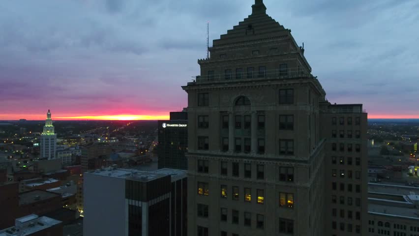 Aerial of Statue of Liberty On Top of Liberty Building In Buffalo New York