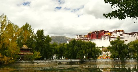 4k Potala reflection on lake in Lhasa park,Tibet.lake with willow. gh2_09763_4k