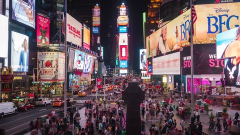 New York, USA - July 5, 2016: Time lapse view of Times Square at night, famously adorned with flashy billboards and advertisements, in Manhattan, New York City, United States.