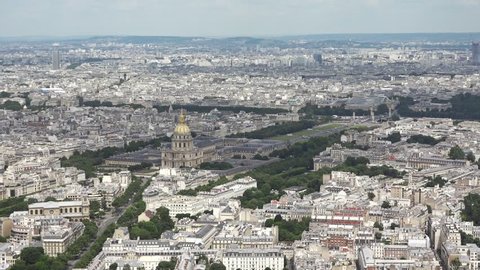Aerial Hotel Des Invalides And Eiffel Tower In Paris, Pan. Aerial City of Paris shot from the top of the Montparnasse Tower observation deck. Pan
