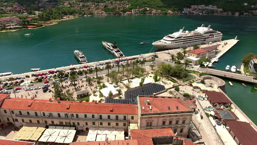 Sea port of Kotor with large cruise ship in Bay of Kotor (Boka Kotorska). Montenegro