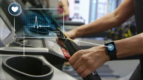 Woman starting workout on treadmill using fitness app. Augmented Reality Interface Shows Health Data