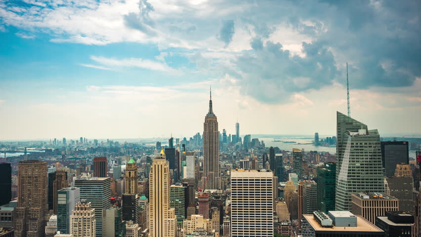 Timelapse view of New York City skyline including architectural landmarks Empire State Building and Freedom Tower in Manhattan, New York, United States (USA). Royalty-Free Stock Footage #18019381