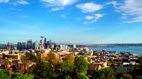 Aerial view of Seattle with Mount Rainier in background
