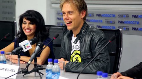 MOSCOW - MAY 6: Popular Dutch DJ Armin Van Buuren smiles at press conferences in RIA Novosti hall, on May 6, 2011 in Moscow, Russia.