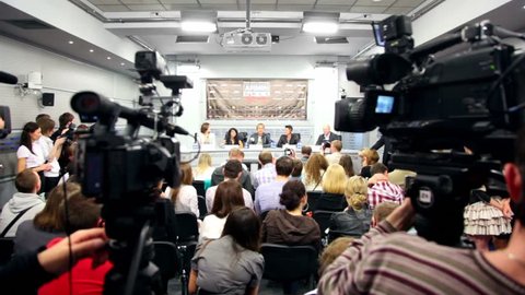 MOSCOW - MAY 6: Popular Dutch DJ Armin Van Buuren speak at press conferences in RIA Novosti hall, on May 6, 2011 in Moscow, Russia.