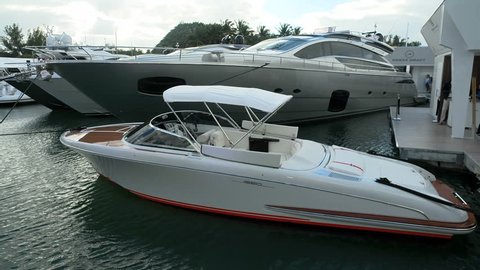 MIAMI â?? FEBRUARY 13: yachts docked during Miami International Boat Show on February 13, 2016 in Miami
