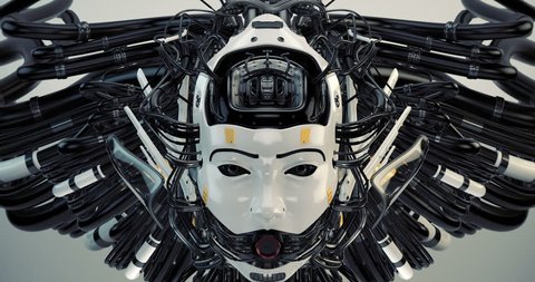 Futuristic robotic geisha girl with wired hairstyle and gap