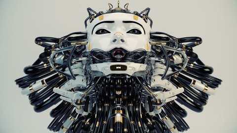 Futuristic robotic geisha girl with wired hairstyle and gap