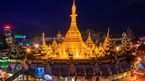 Sule Pagoda Landmark Ancient Pagoda Place Bright In Night Yangon Cityscape Time Lapse Of Yangon City, Myanmar (zoom out)