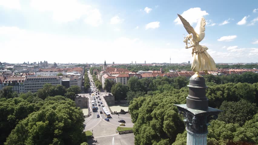 MUNICH, GERMANY - JUNI 28, 2016: Munich Angel of Peace aerial shoot in 4K.  Stock Aerial footage of Munich.