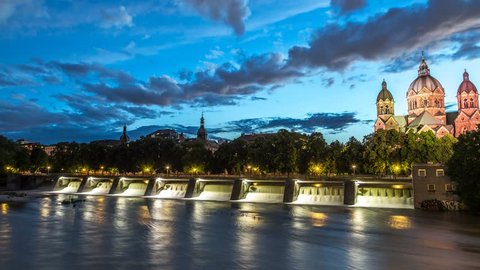 Munich - Isar river and St. Lukas Church 4K timelapse, day to night lapse.