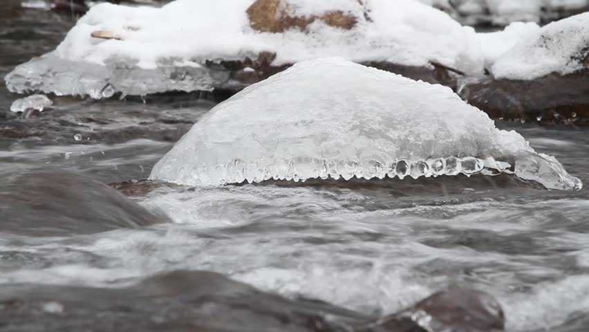An in icy cold river splashing as it passes an iced over rock in its path.