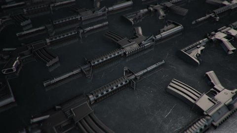 Animation of slow moving different firearms. Weapons: rifles, semi-automatic guns, machine guns. Animation of seamless loop.