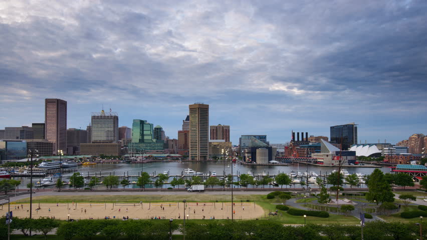Baltimore, Maryland, USA Inner Harbor skyline time lapse.