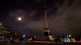 A time lapse of Nelson's column in Trafalgar Square in the centre of London at night. Close up version.