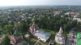 Aerial view to Sobor of the Vladimir Icon of the Mother of God and Church of Alexander Nevsky  in Pereslavl-Zalessky city, Russia