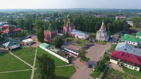 Aerial view to Sobor of the Vladimir Icon of the Mother of God and Church of Alexander Nevskiy in Pereslavl-Zalessky city, Russia