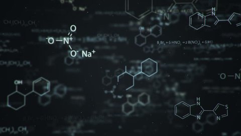 Animation of typing formulas of chemistry in abstract digital space. Animation of seamless loop.