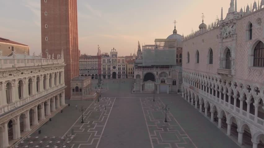 Drone aerial flying over San Marco square and The Doge